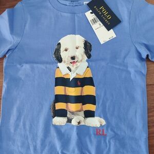Polo by Ralph Lauren Light Blue Puppy Graphic Tee with Yellow & Navy Stripes